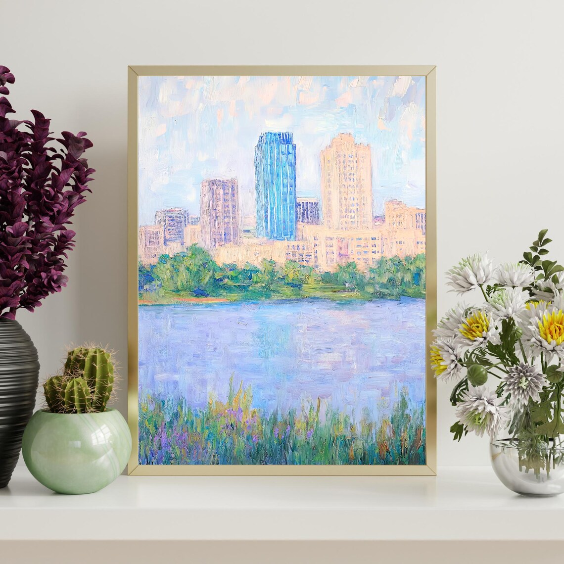 Tulsa Oklahoma Downtown Skyline Lake Wildflower Oil Painting Poster - Image 4