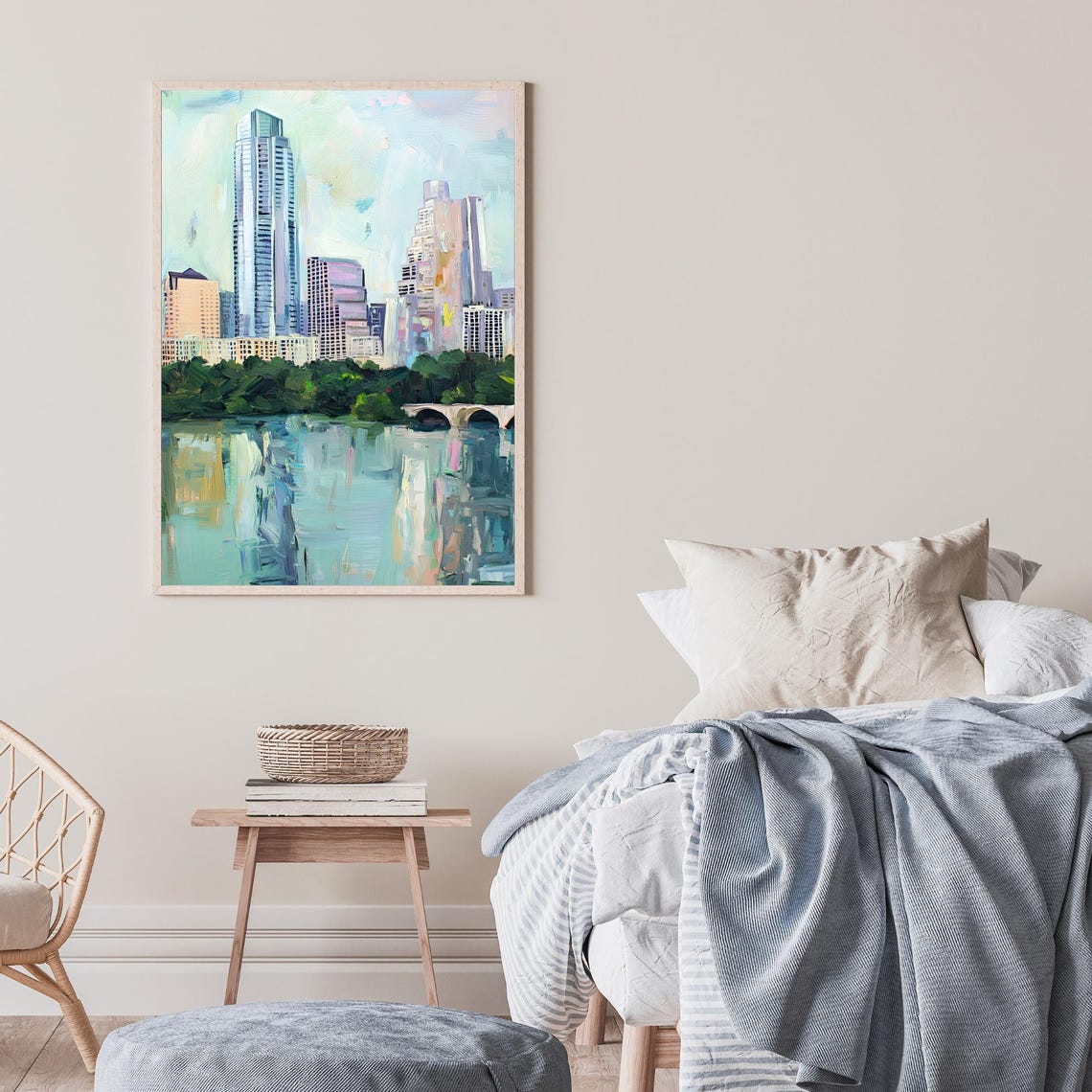 Austin Lady Bird Lake Skyline Bridge Reflection Green Trees Oil Poster - Image 2