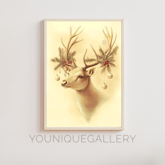 Elegant Reindeer With Ornament Antlers Christmas Artwork Poster