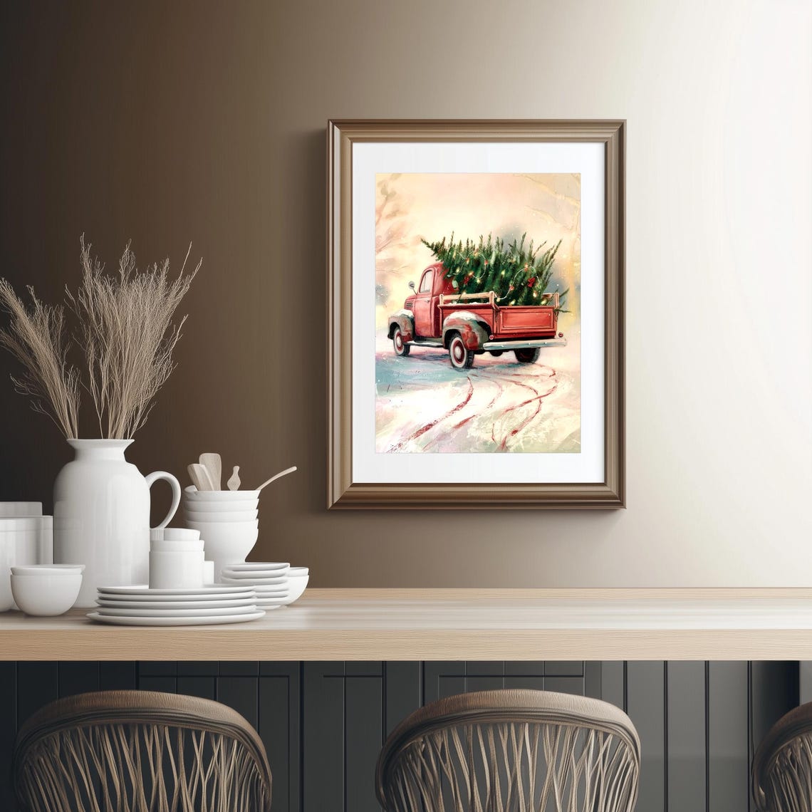 Vintage Red Truck With Christmas Tree Snow Painting Holiday Poster - Image 2