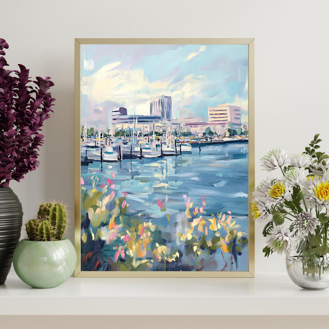 Marina Sailboats Waterfront Wildflowers Impressionist Oil Wall Art - Image 4