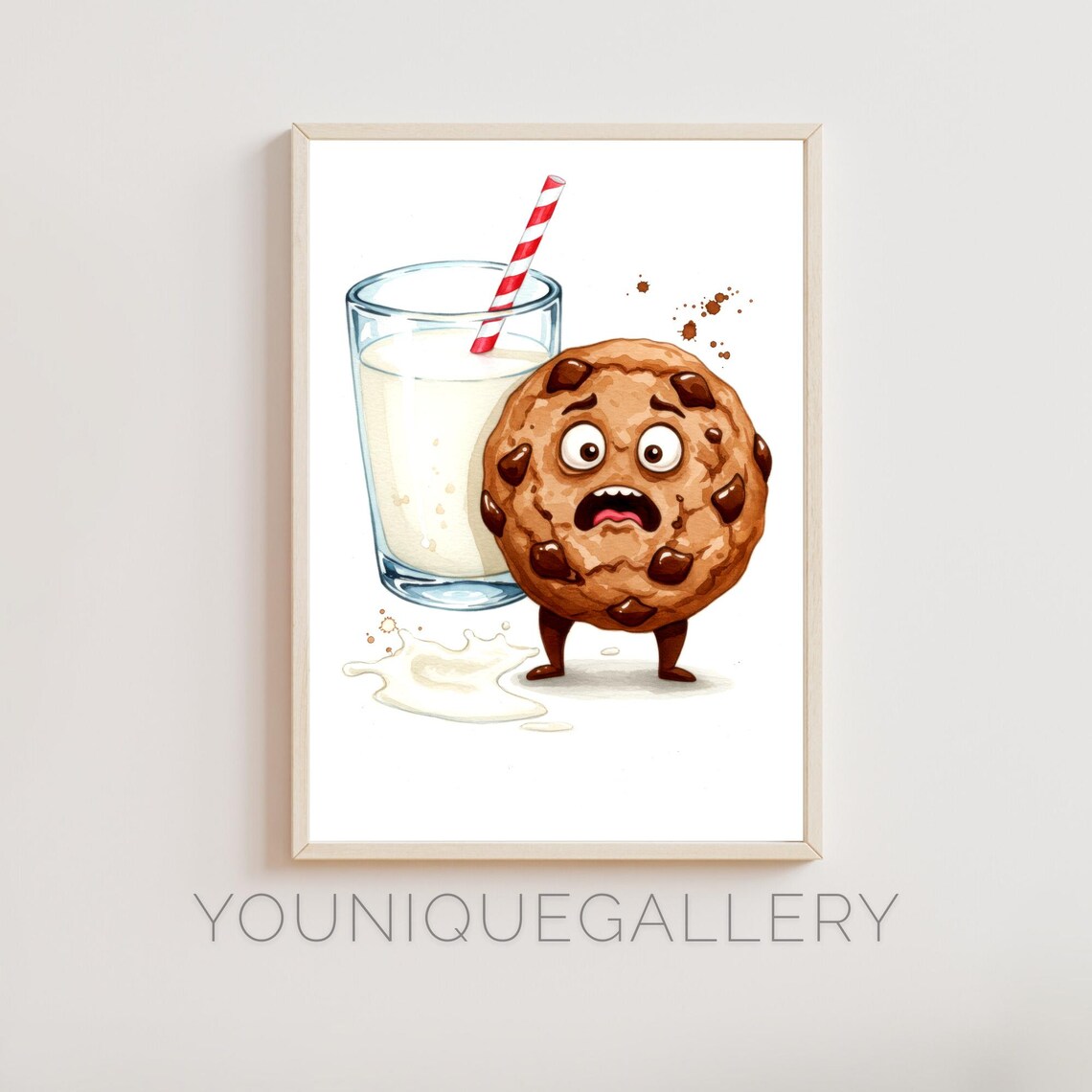 Funny Cookie and Milk Kitchen Decor, Watercolor Poster