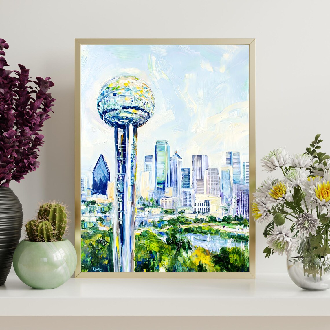 Dallas Reunion Tower Skyline City View Pastel Blue Oil Painting Poster - Image 4