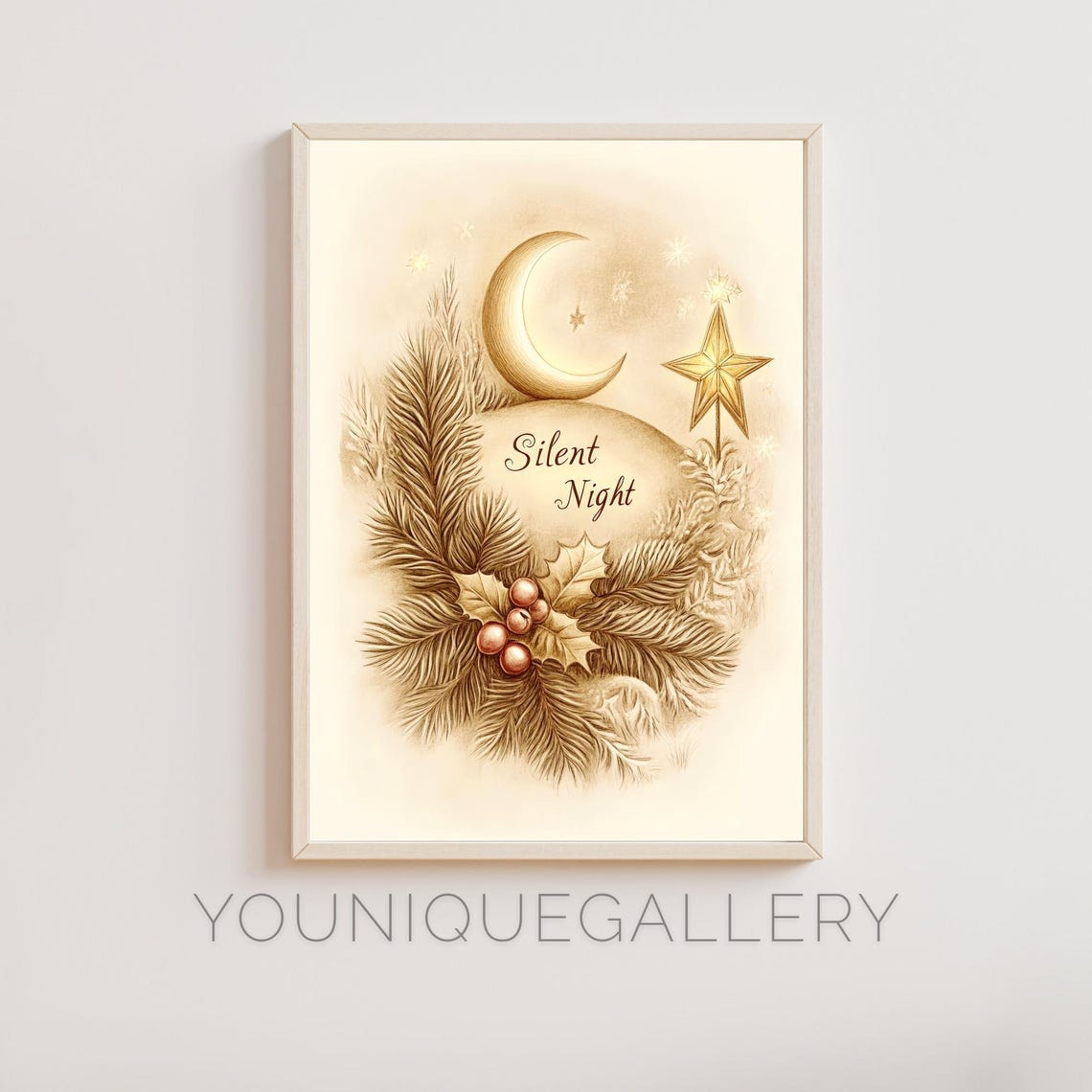 Silent Night Crescent Moon and Gold Star Holiday Wreath Poster