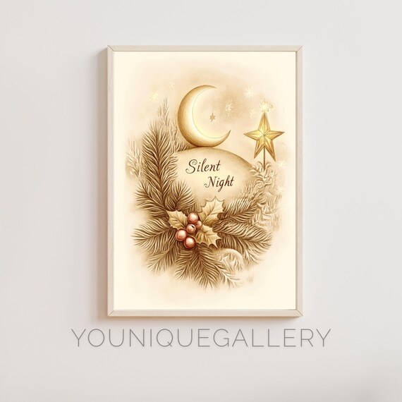 Silent Night Crescent Moon and Gold Star Holiday Wreath Poster