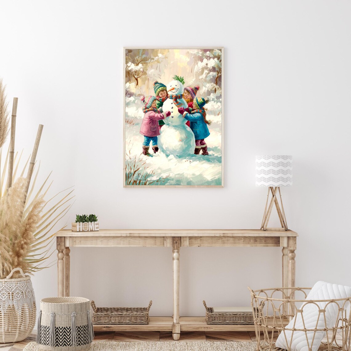 Kids Building a Snowman Vintage Winter Scene Oil Painting Poster - Image 4