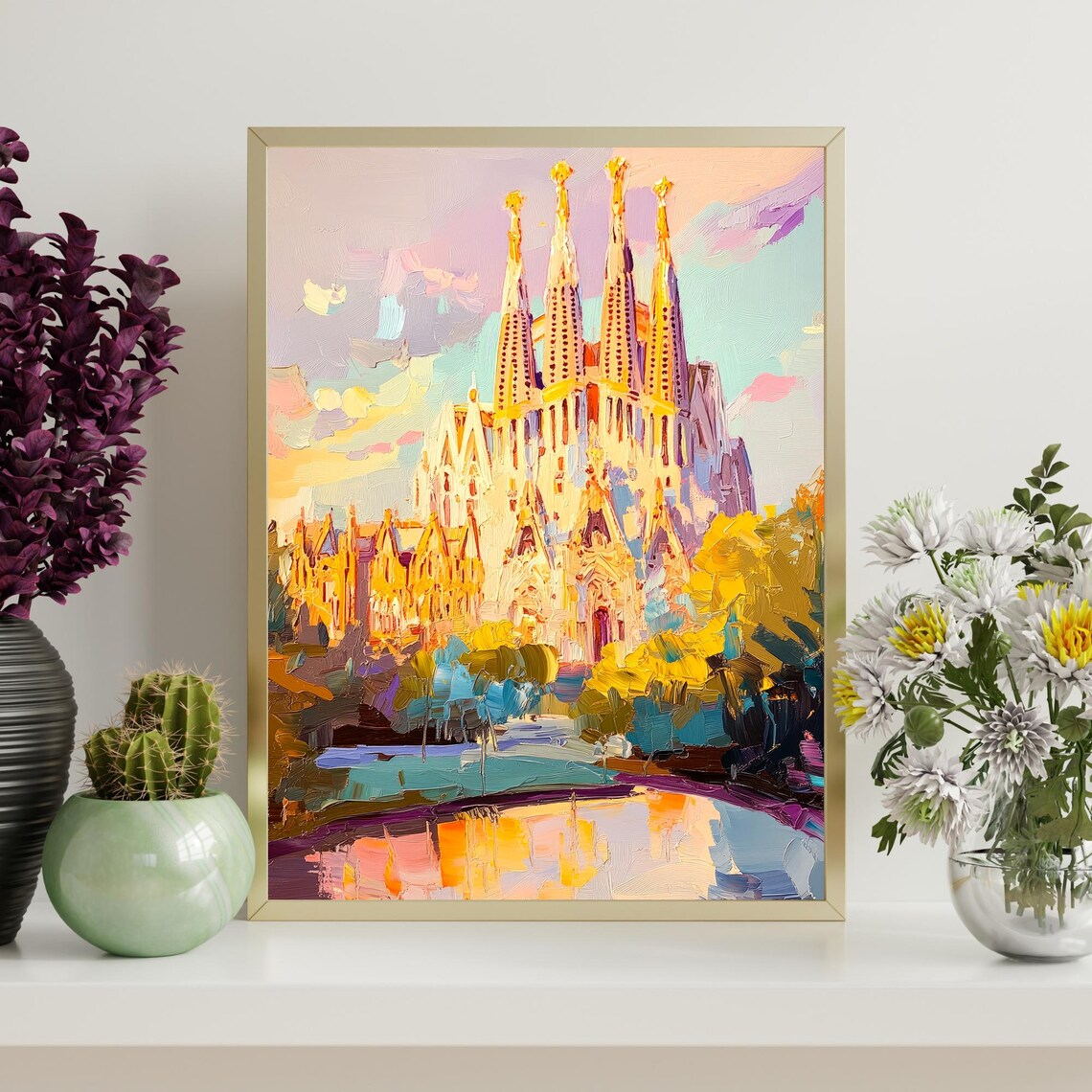 Sagrada Familia Barcelona Gaudi Basilica Spires Golden Sunset Painting Poster - Image 4