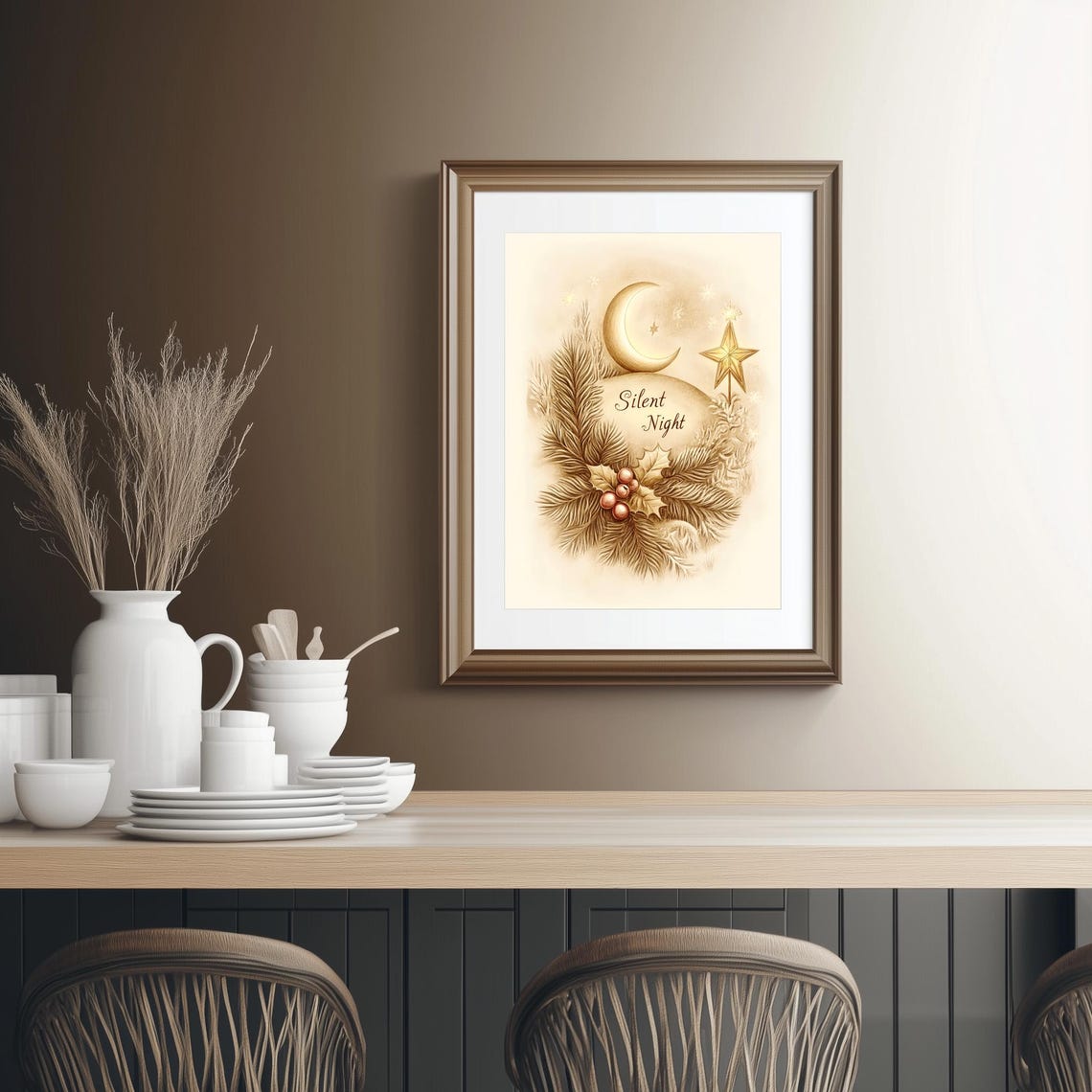 Silent Night Crescent Moon and Gold Star Holiday Wreath Poster - Image 2