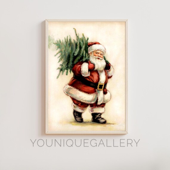 Vintage Santa Claus Carrying Christmas Tree Retro Holiday Poster