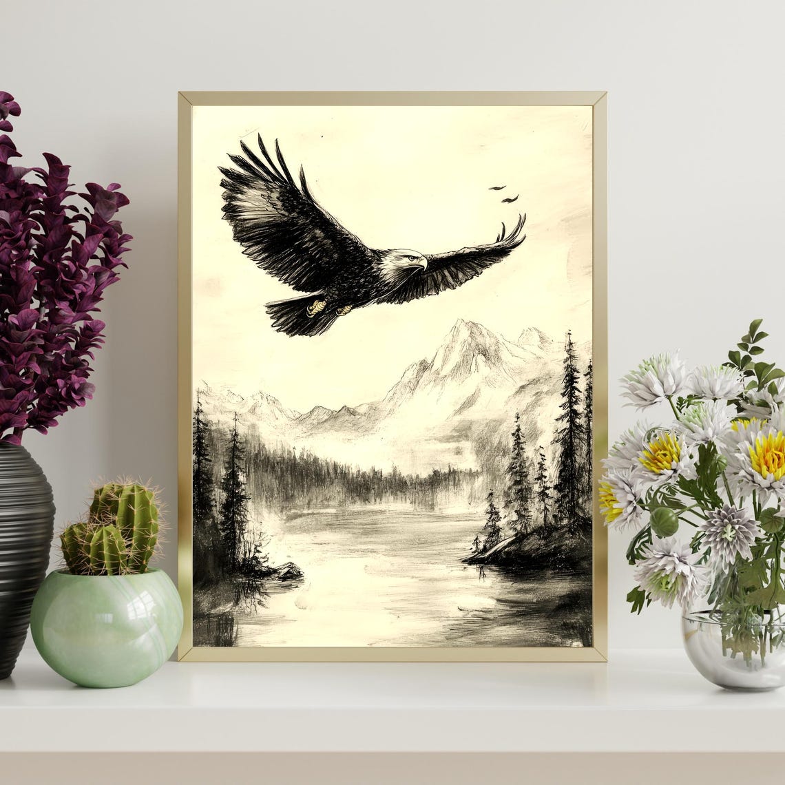 Bald Eagle Soaring Over Mountain Lake Ink Sketch Wildlife Wall Art - Image 4