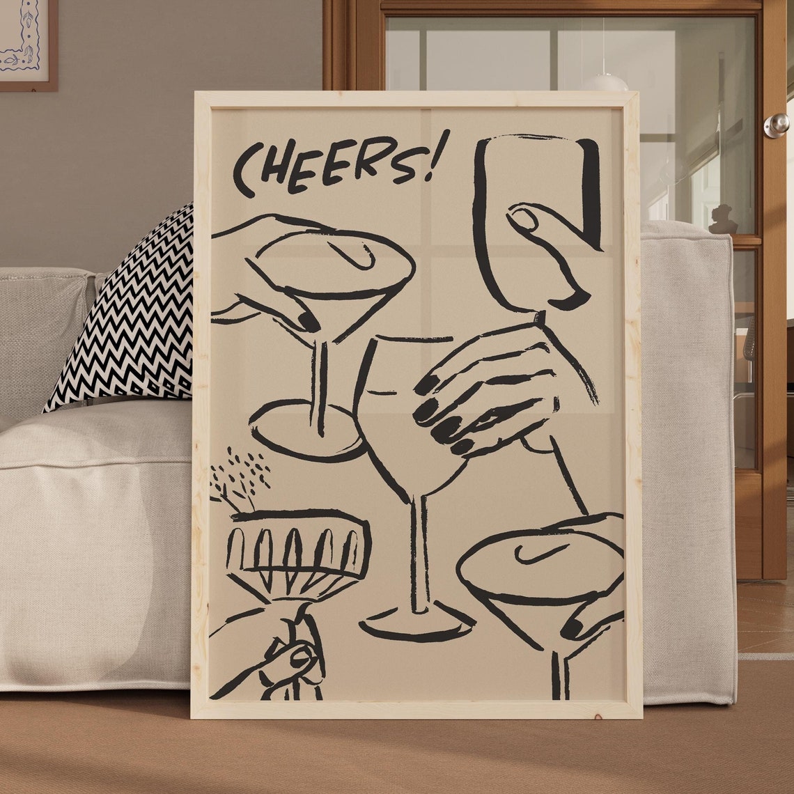 Handdrawn Black Cheers Poster, French Eclectic Decor