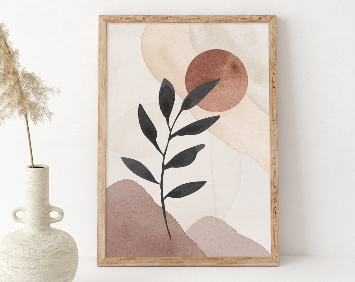 Black Leaf Branch Terracotta Sun Beige Botanical Painting Poster