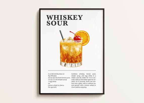Whiskey Sour Recipe Poster Print, Bar Kitchen Art