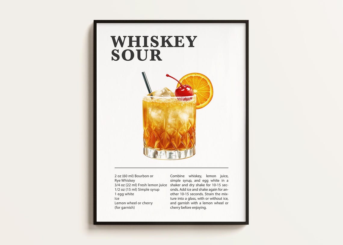 Whiskey Sour Recipe Poster Print, Bar Kitchen Art