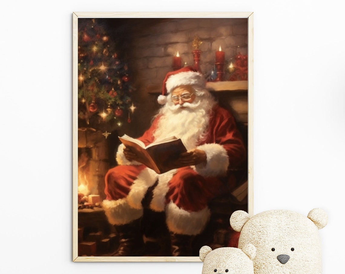 Santa Claus Reading Book By Fireplace Cozy Christmas Art Poster