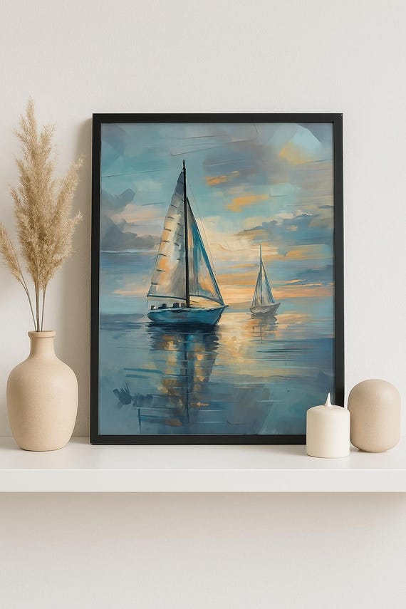 Sailboat Sunset Painting, Impressionist Seascape