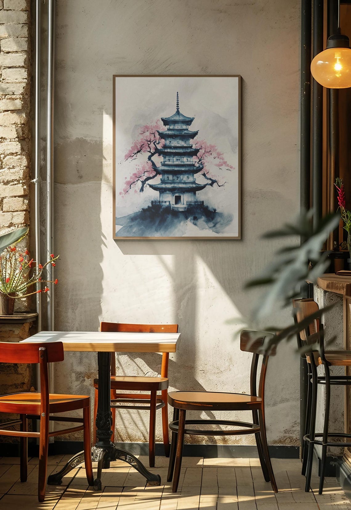 Minimalist Japanese Pagoda, Cherry Blossom Ink Painting - Image 3
