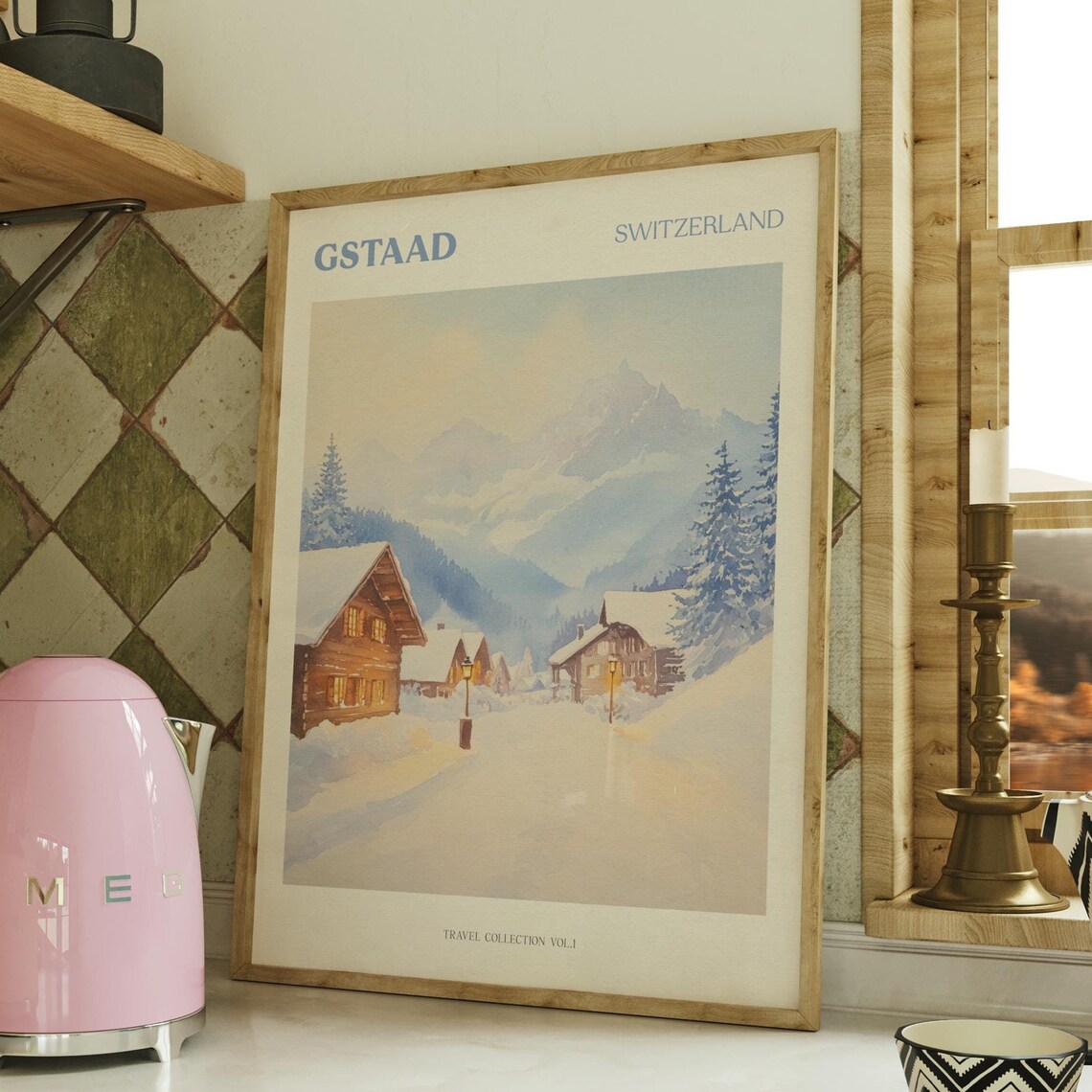 Gstaad Switzerland Snowy Chalet Village Watercolor Travel Poster