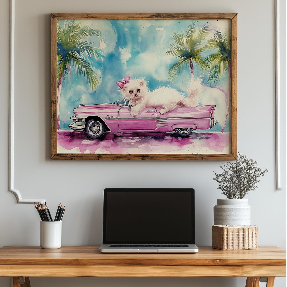 White Kitten With Bow Pink Cadillac Palm Tree Summer Beach Poster