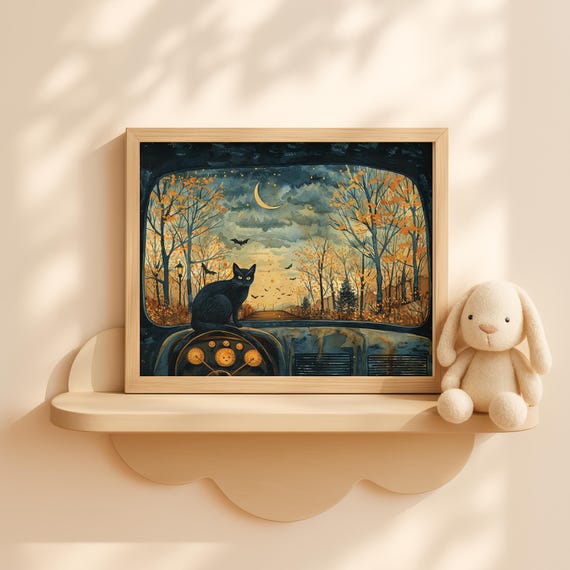 Halloween Black Cat With Crescent Moon Scene Mystical Kids Wall Art Autumn Night Landscape Decor Whimsical