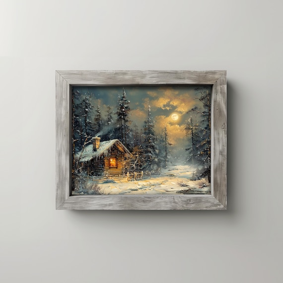 Snowy Cabin Full Moon Night Winter Landscape Painting Poster