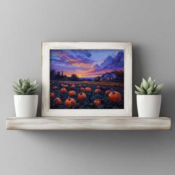 Glowing Pumpkin Patch At Twilight Fall Harvest Scene Autumn Farm Wall Art Moody Halloween Decor Rustic Landscape 42