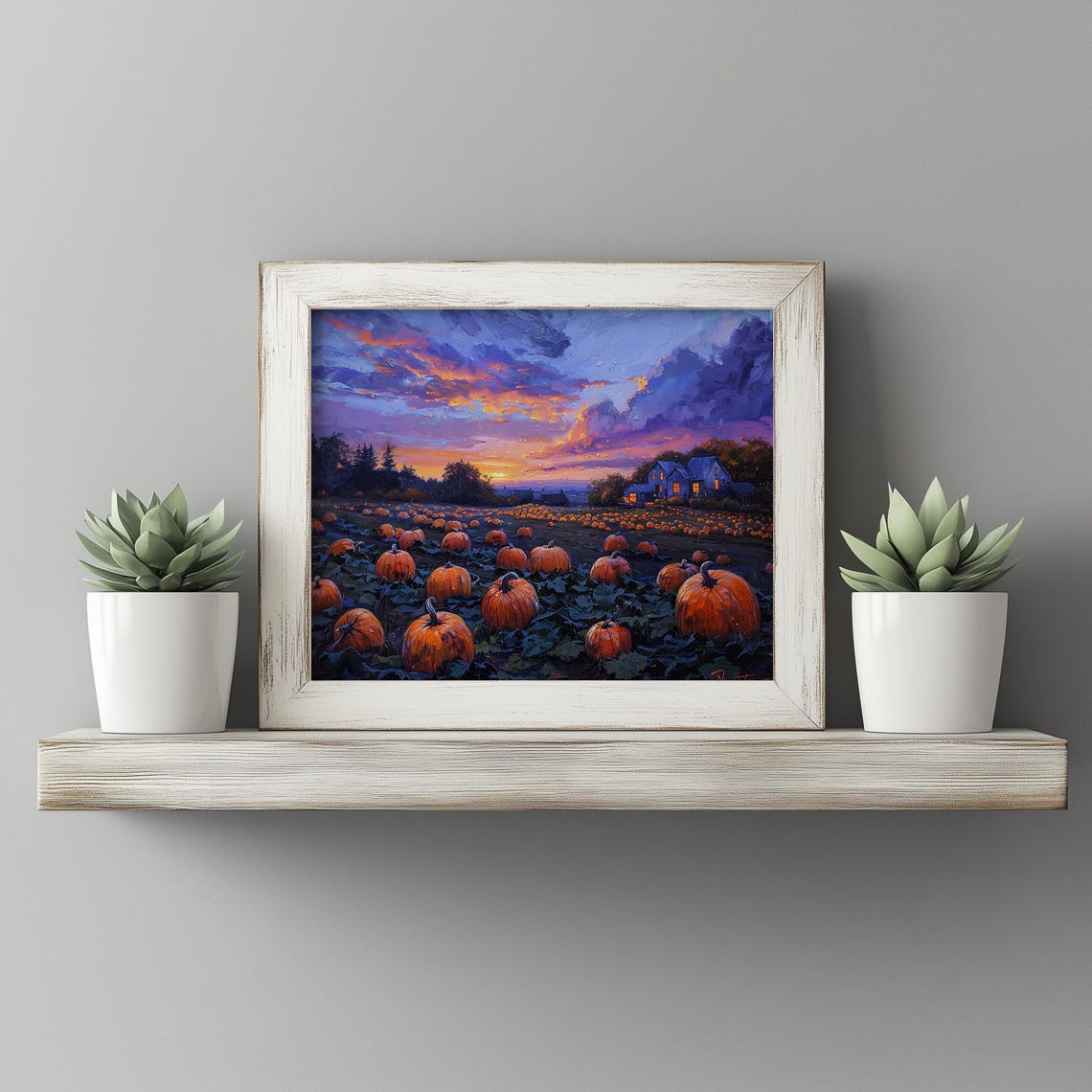 Glowing Pumpkin Patch At Twilight Fall Harvest Scene Autumn Farm Wall Art Moody Halloween Decor Rustic Landscape 42
