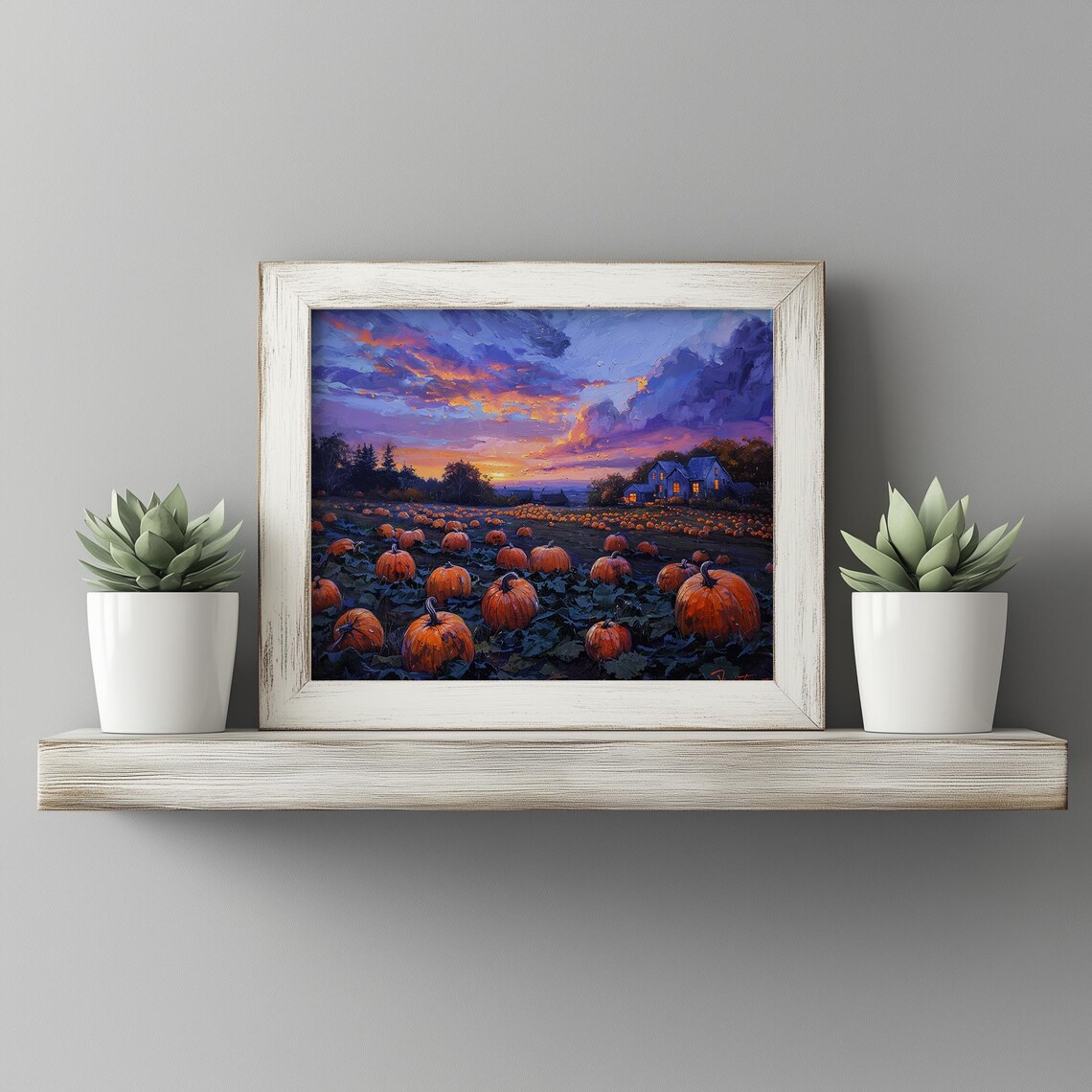 Pumpkin Patch at Sunset Farmhouse Autumn Harvest Painting Poster