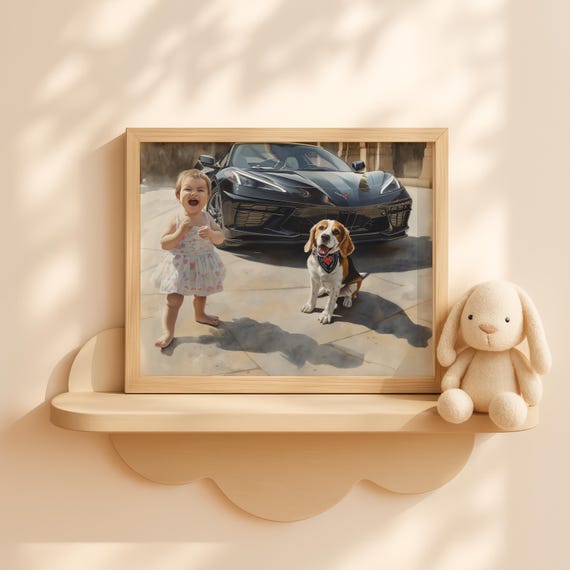 Baby Girl Laughing Beside Classic Car Dog Companion Painting Nursery Wall Art Gouache Style Decor