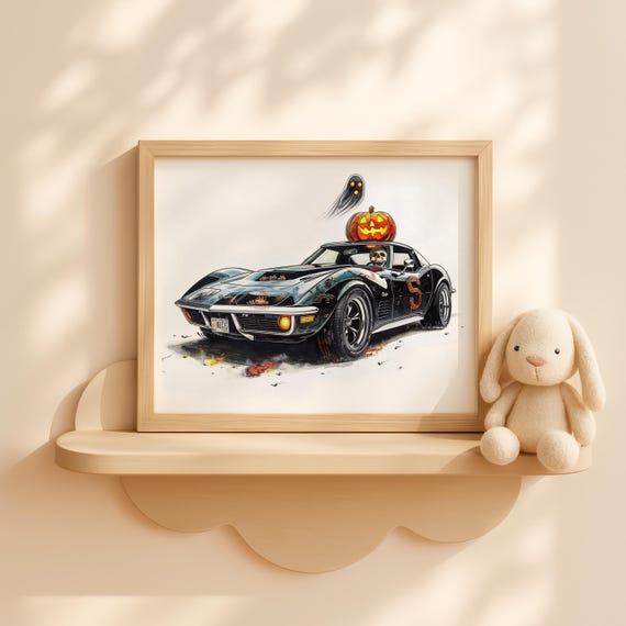 Halloween Skeleton Car With Pumpkins Spooky Fall Wall Art Vintage Haunted Print Decor