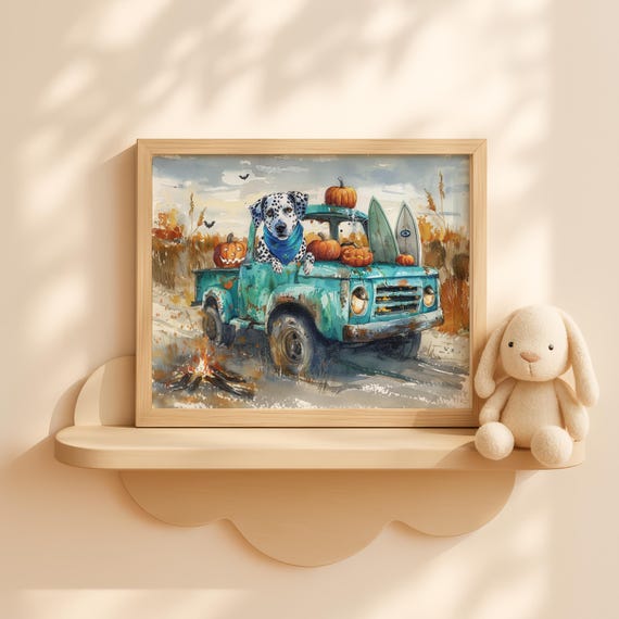 Halloween Dalmatian In Pumpkin Truck Beach Scene Kids Wall Decor Cute Dog Fall Art Whimsical