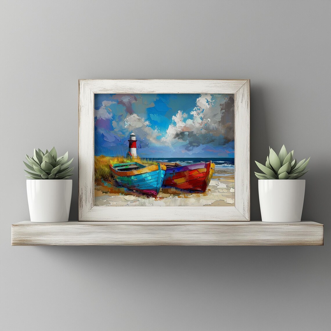 Colorful Wooden Boats Lighthouse Beach Nautical Seascape Painting Poster