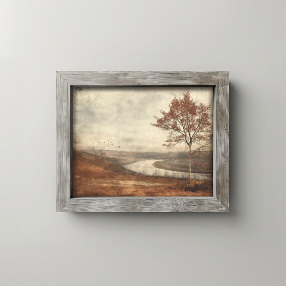 Autumn Valley River With Copper Trees Earthy Moody Fall Landscape Vintage Inspired Wall Art For Rustic Cottage Decor