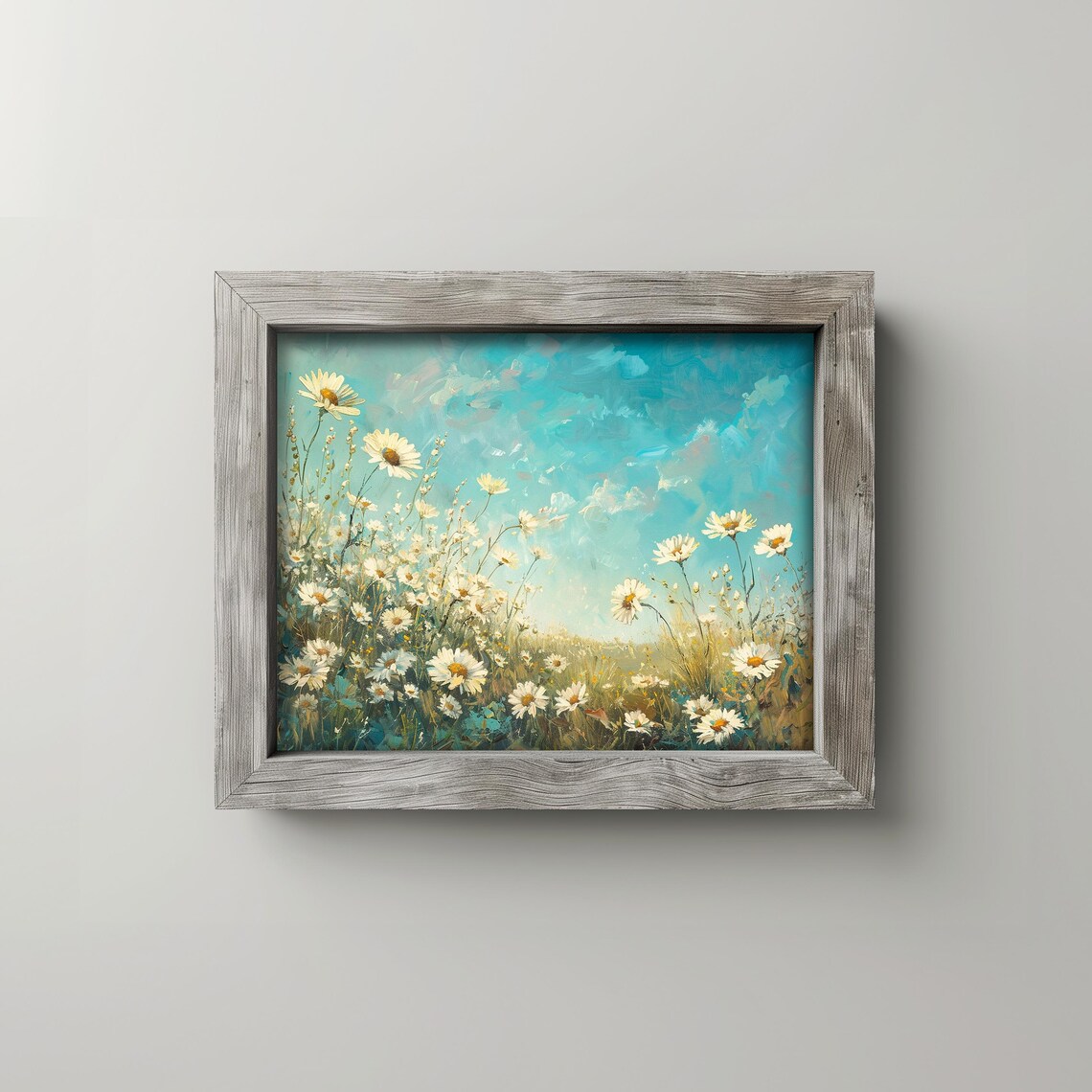 White Daisy Meadow Oil Painting Summer Wildflowers Blue Sky Print