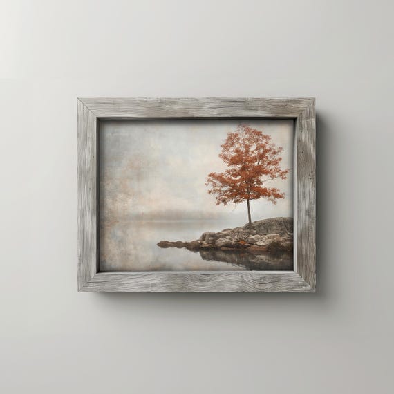 Rustic Autumn Lake Scene With Lone Maple Tree Earthy Fall Landscape Wall Art Vintage Inspired Country Decor