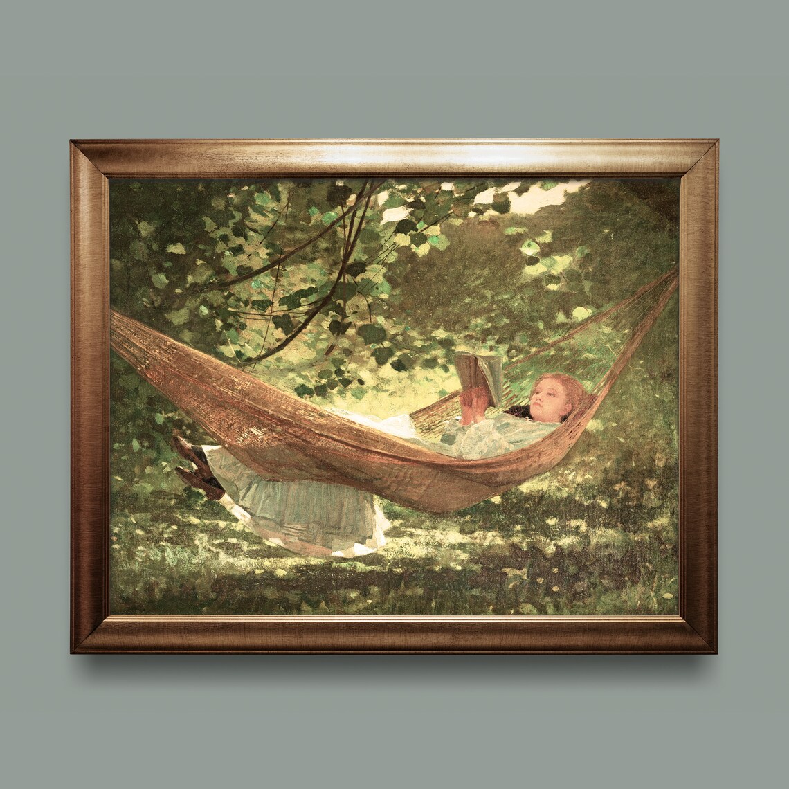 Vintage Woman Reading in Hammock Under Trees Summer Garden Painting Art Print - Image 3