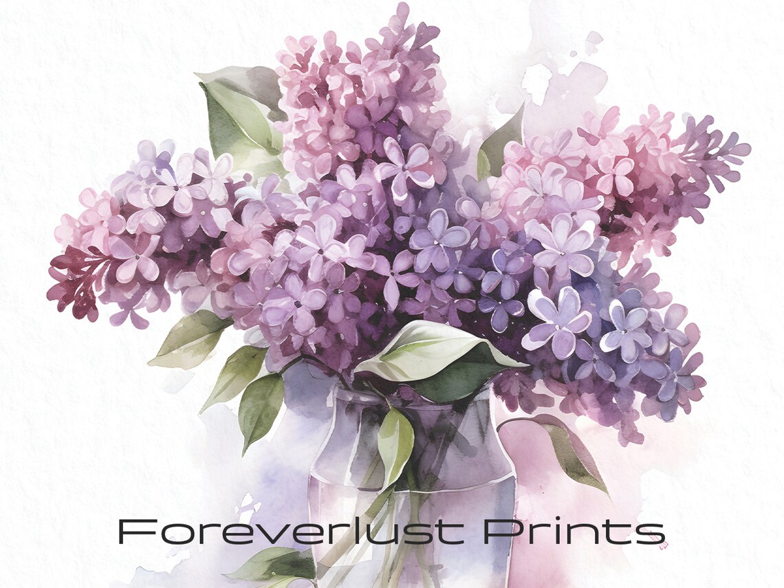 Purple Lilac Blossoms Glass Vase Soft Watercolor Floral Art Poster - Image 2