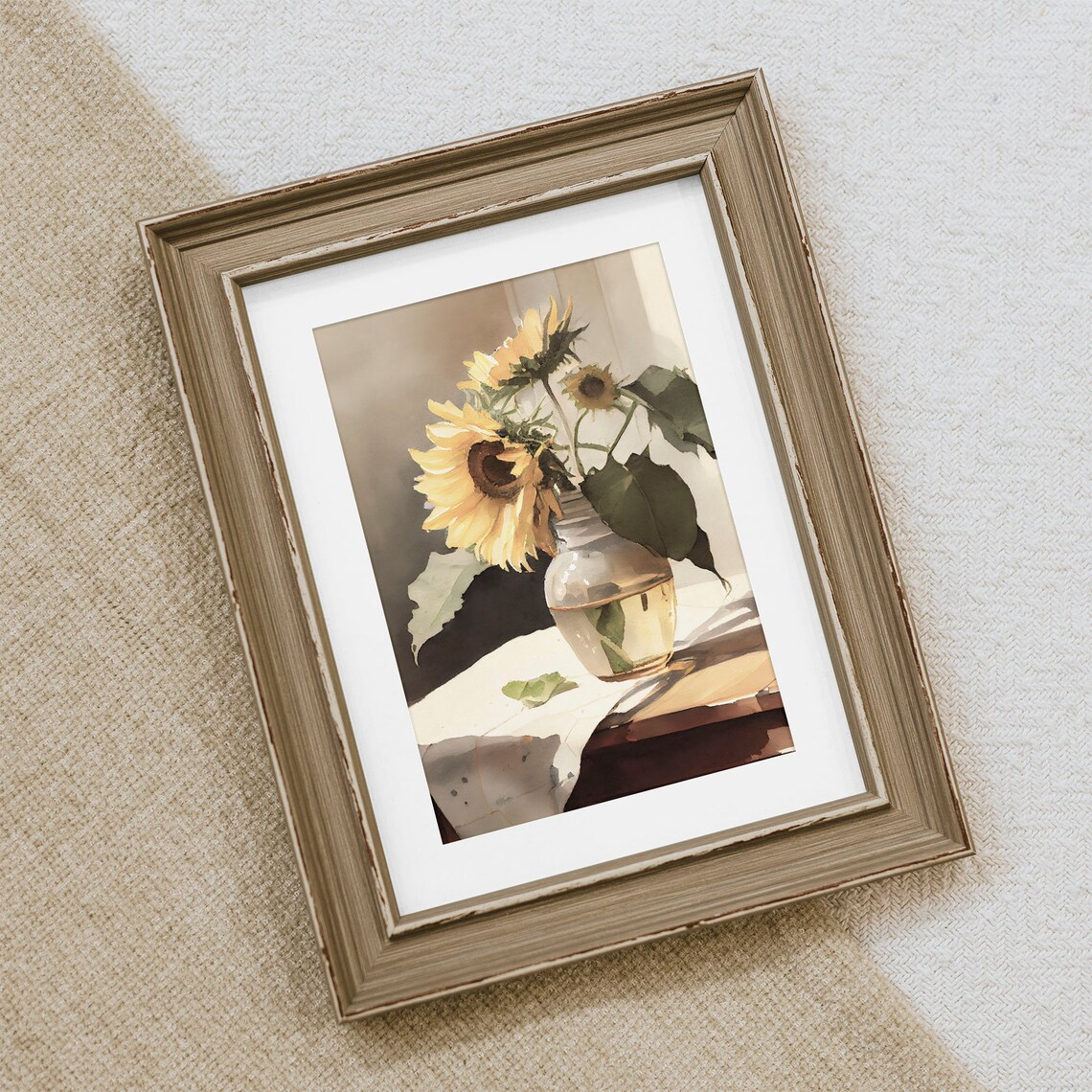 Sunflower Bouquet Glass Vase Watercolor Tabletop Still Life Farmhouse Art Print - Image 2