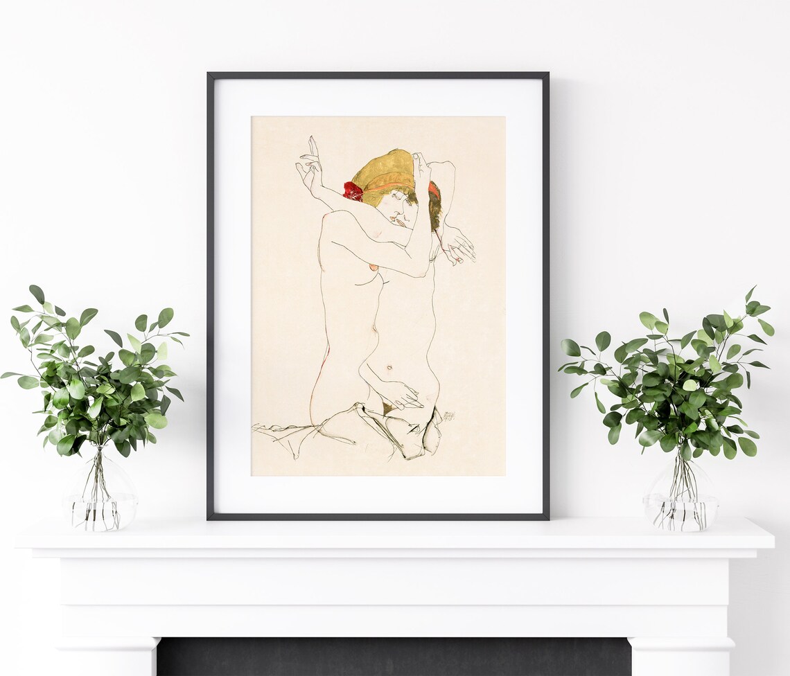Two Women Embracing Line Art Nude Figures Expressive Sketch Art Print - Image 3