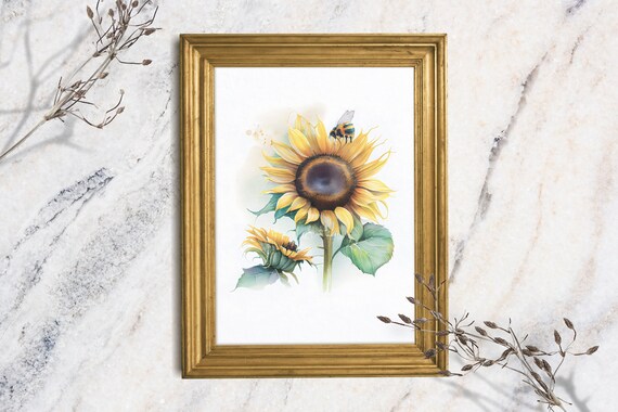 Sunflower and Bumblebee Watercolor Painting Botanical Floral Wall Art Print