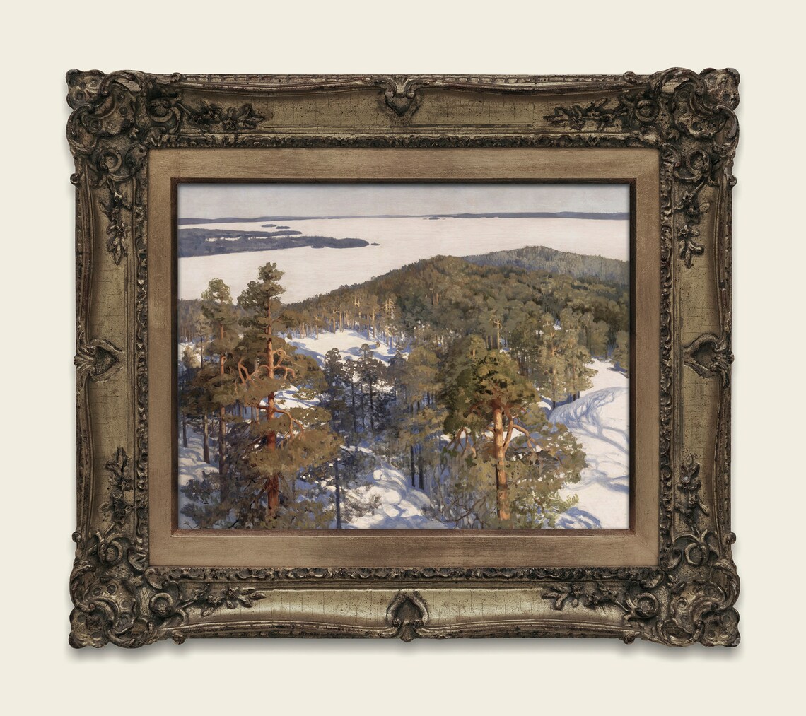 Snowy Winter Pine Forest Hills Vintage Landscape Oil Painting Poster - Image 2