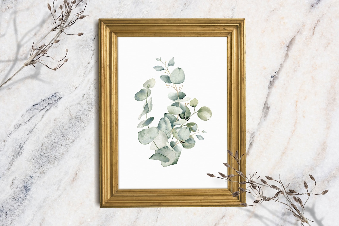 Eucalyptus Sprigs Sage Green Watercolor Minimalist Botanical Art Print