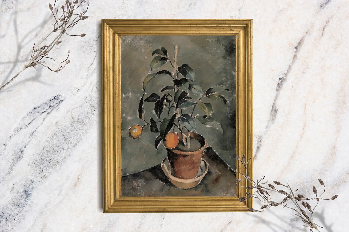 Potted Clementine Orange Tree Moody Vintage Oil Painting Art Print