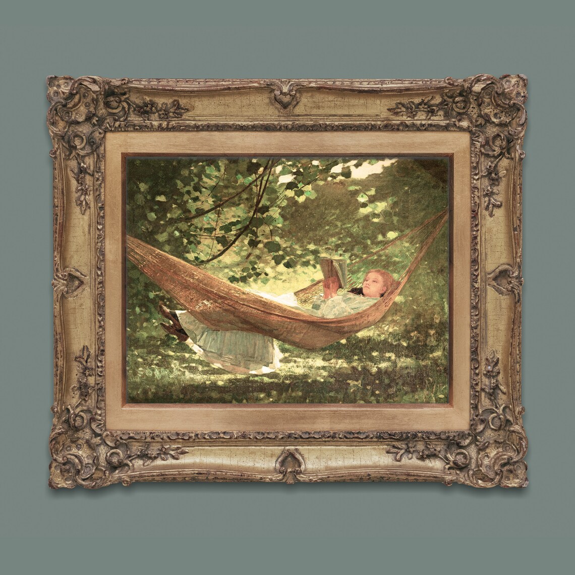 Vintage Woman Reading in Hammock Under Trees Summer Garden Painting Art Print - Image 2