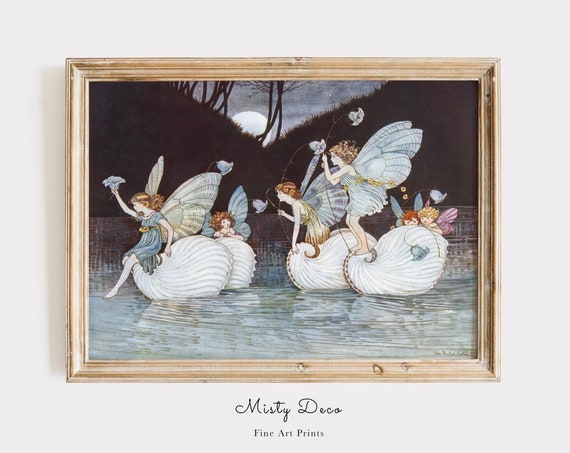 Whimsical Fairies Riding On Sea Shells Illustration By Ida Rentoul Outhwaite Perfect Vintage Nursery Wall Art
