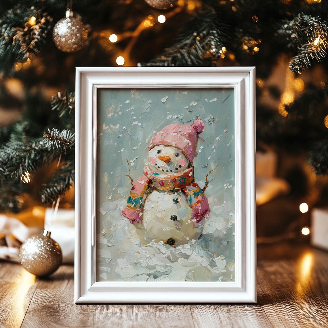 Cheerful Snowman Pink Hat Colorful Scarf Snowy Wall Art Poster