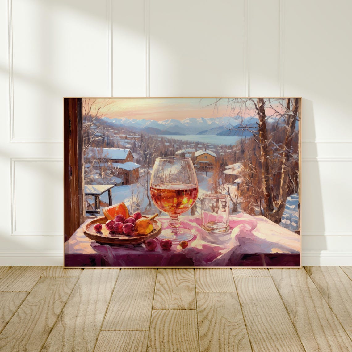 Mulled Wine Glass Over Alpine Lake Village Sunset Art Poster - Image 4