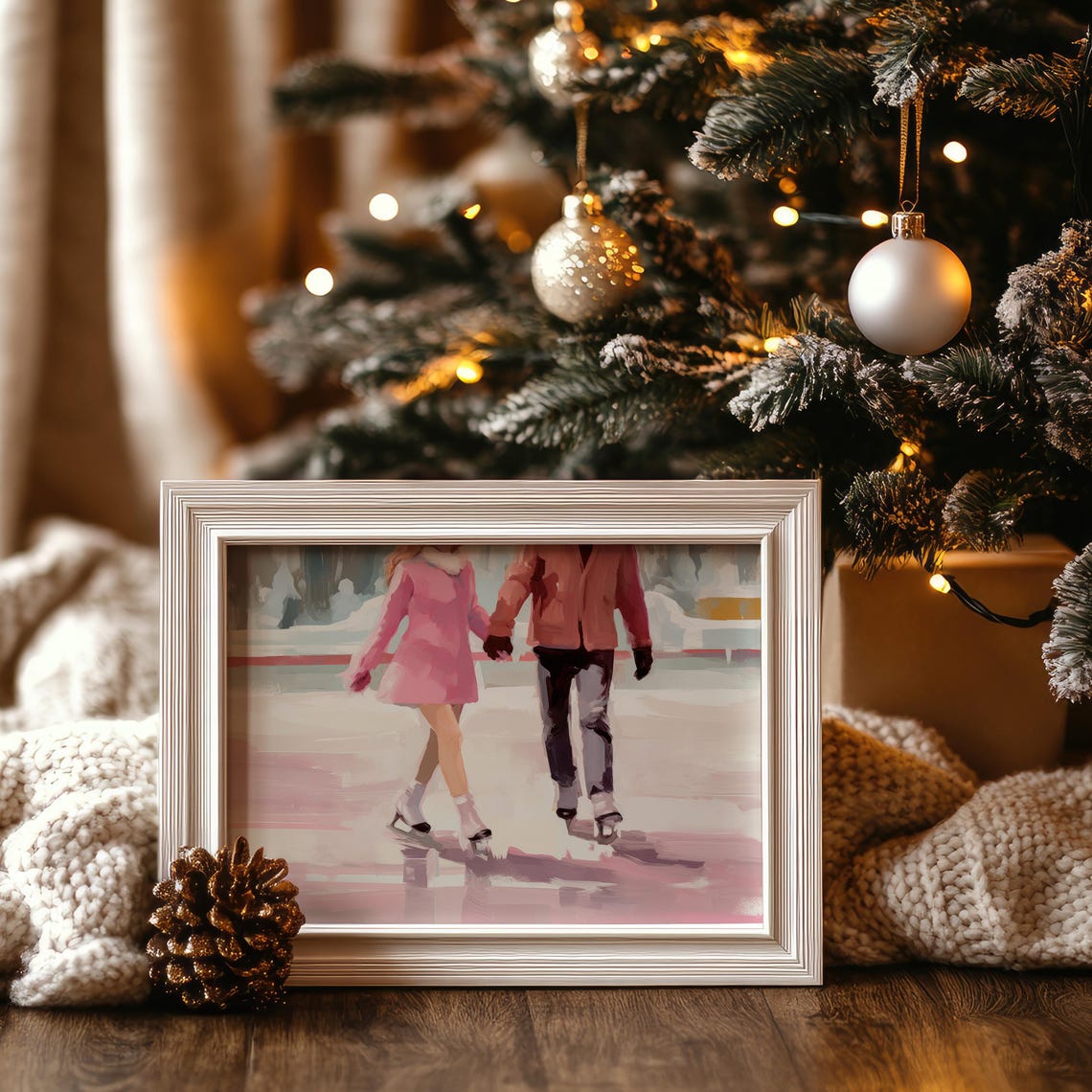 Sweet Pink Couple Ice Skating Holding Hands Winter Wall Art Print - Image 8
