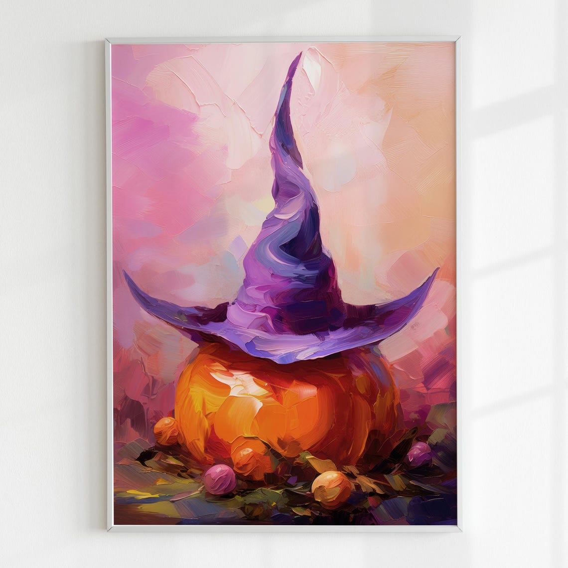 Purple Witch Hat on Orange Pumpkin Halloween Fall Oil Painting Poster - Image 5