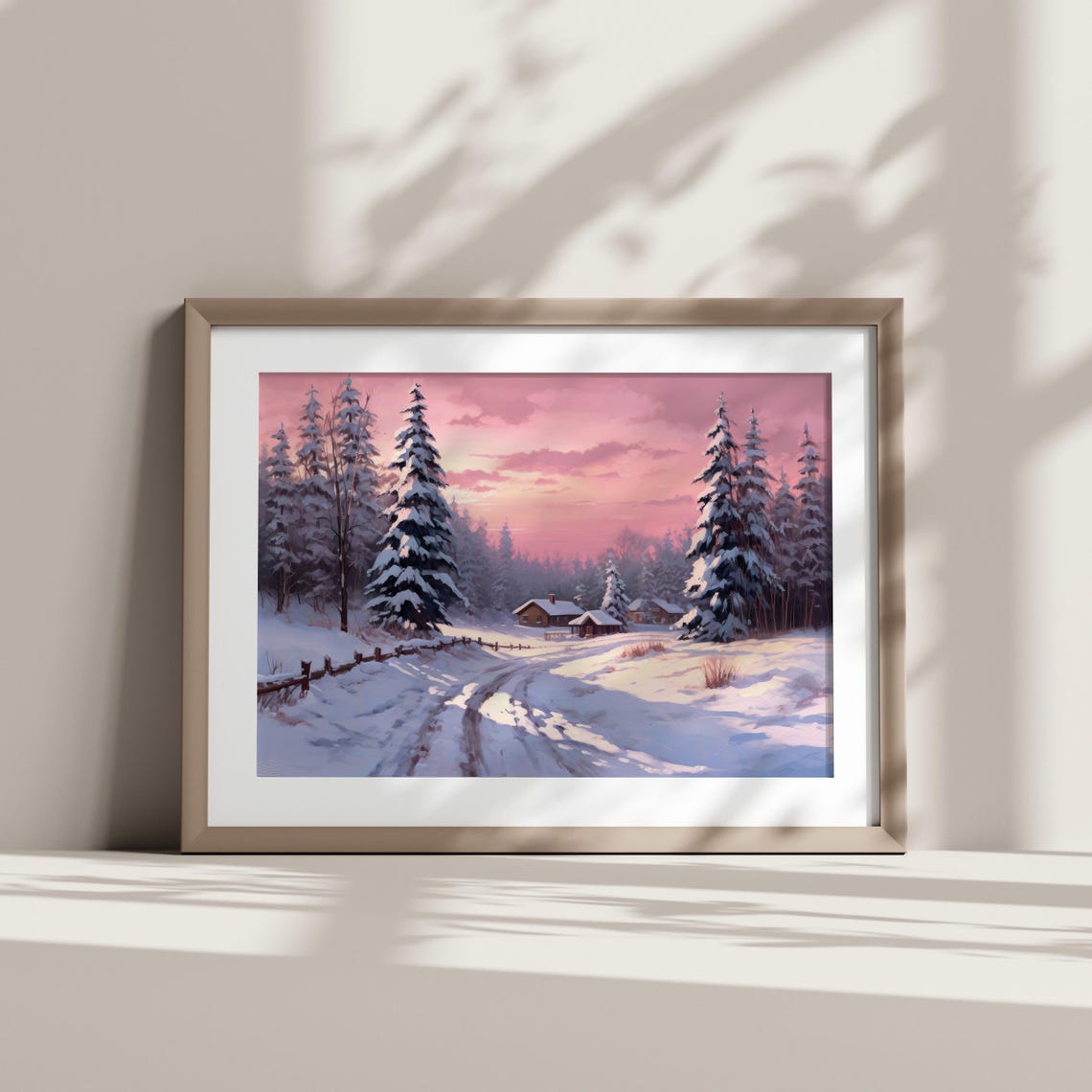 Pink Winter Forest Cabin Snowy Dusk Landscape Wall Art Poster - Image 3